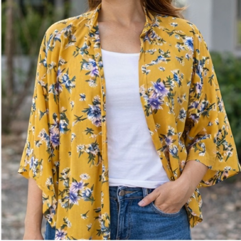 Yellow Floral Cardigan Women's M Available by Angela‎ Fashion Open Front Blouse